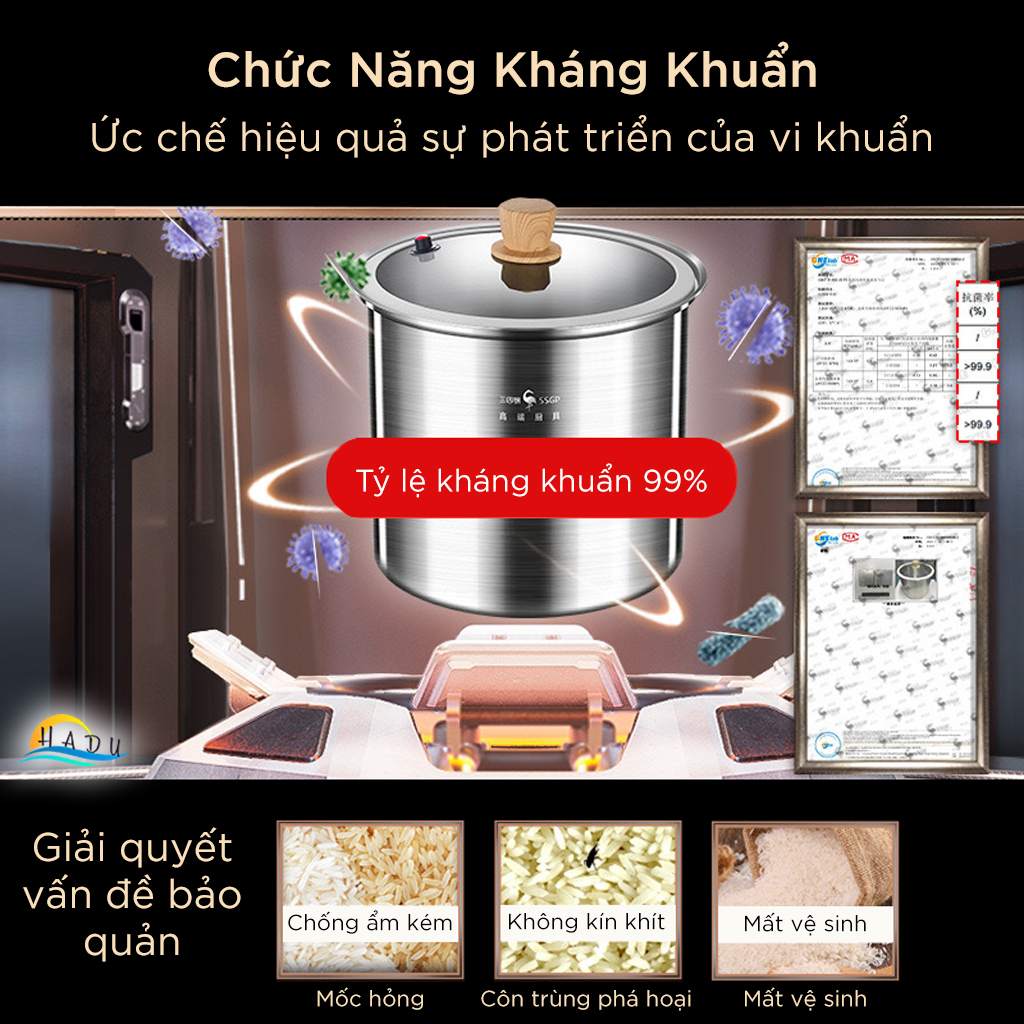 Thùng Đựng Gạo Hút Chân Không SSGP 15KG, Inox 304, Nắp Kính, Đạt Chất Lượng LFGB Đức
