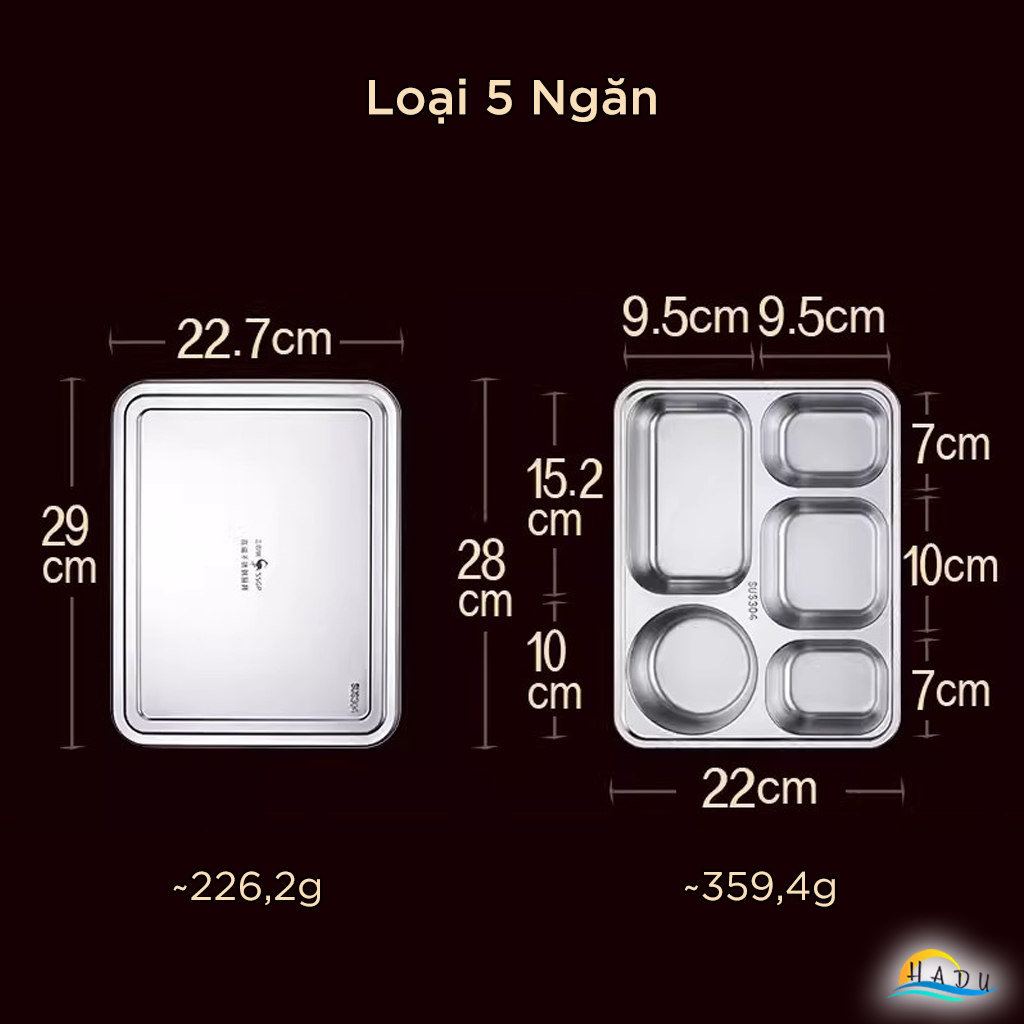 Khay Ăn Cơm Inox 304 SSGP, 4 Ngăn, 5 Ngăn, Có Nắp Đậy, Lòng Sâu, Đạt Chất Lượng LFGB Đức