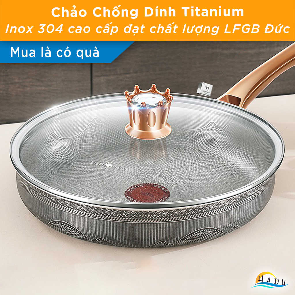 Chảo Chống Dính Cao Cấp Titanium – 24cm, 26cm, 28cm, Inox 304, Nắp Pha Lê Sang Trọng, Dùng Cho Bếp Từ SSGP