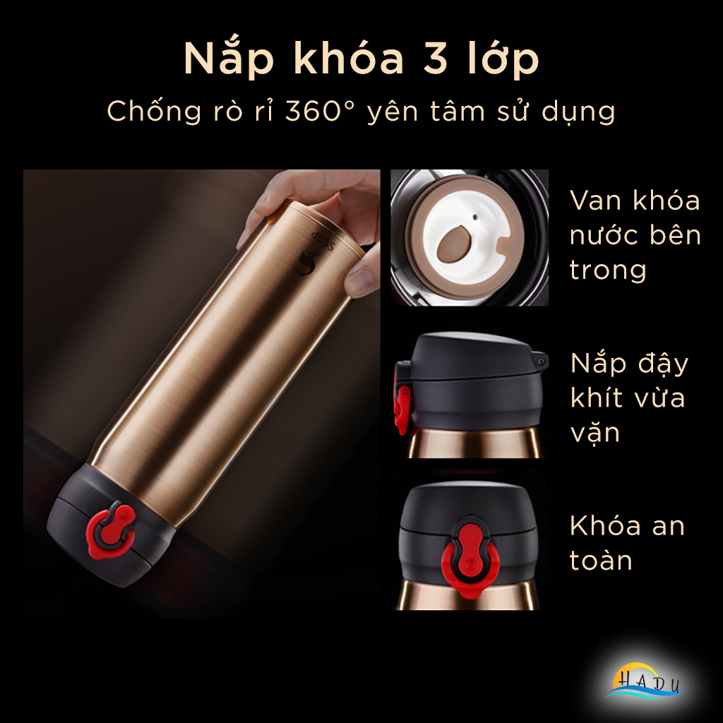 Bình Giữ Nhiệt Inox 316 Cao Cấp 480ml, Giữ Nhiệt 24h, Nắp Khóa 3 Lớp An Toàn, Kiểu Nhật Bản, Màu Vàng Đồng SSGP