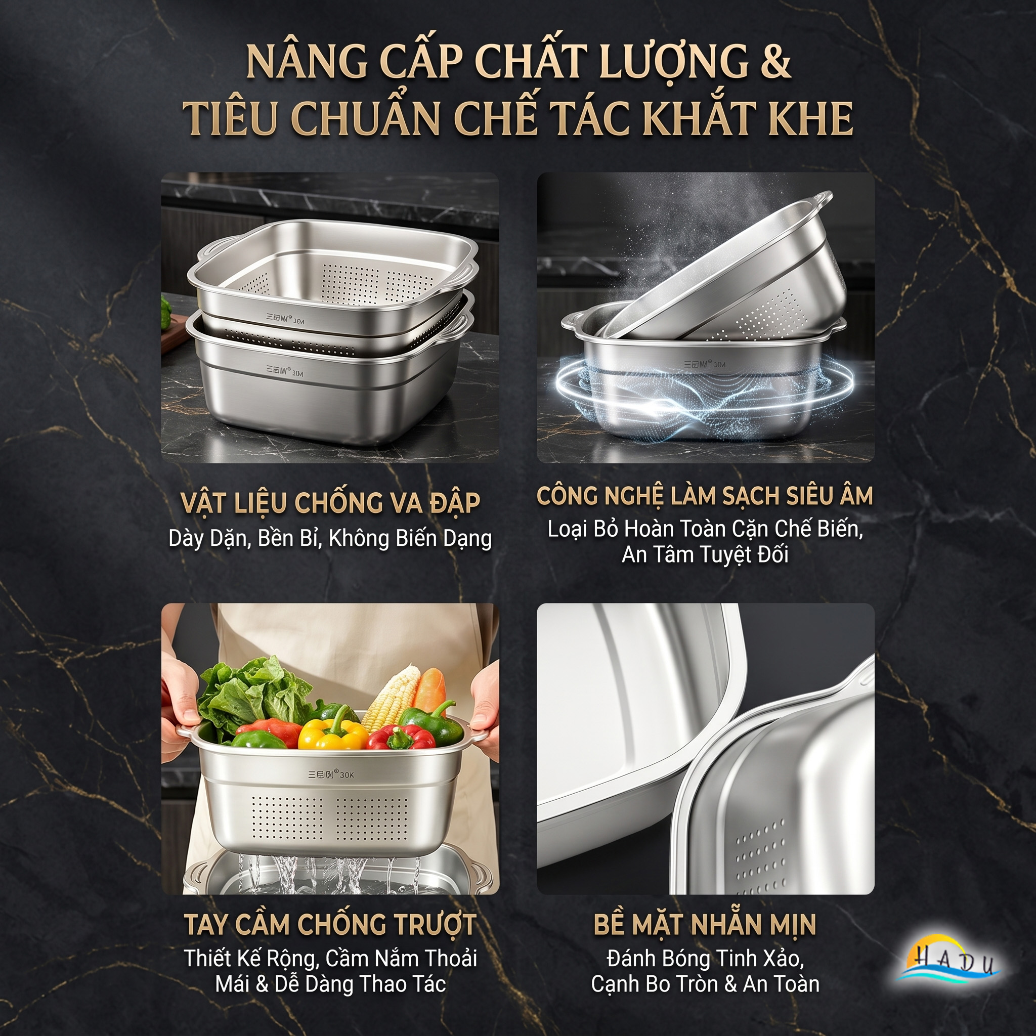 Bộ Thau Rổ Inox 304 Cao Cấp Hình Vuông Thiết Kế 2 Lớp Đa Năng Rửa Rau Củ Quả SSGP