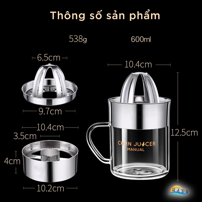 Dụng Cụ Vắt Cam và Tách Hạt Ngô 2 trong 1 CCKO, Lõi Inox 304, Cốc Thủy Tinh 600ml