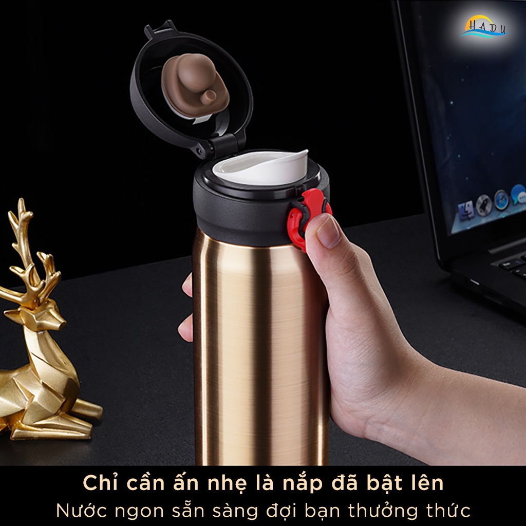 Bình Giữ Nhiệt Inox 316 Cao Cấp 480ml, Giữ Nhiệt 24h, Nắp Khóa 3 Lớp An Toàn, Kiểu Nhật Bản, Màu Vàng Đồng SSGP