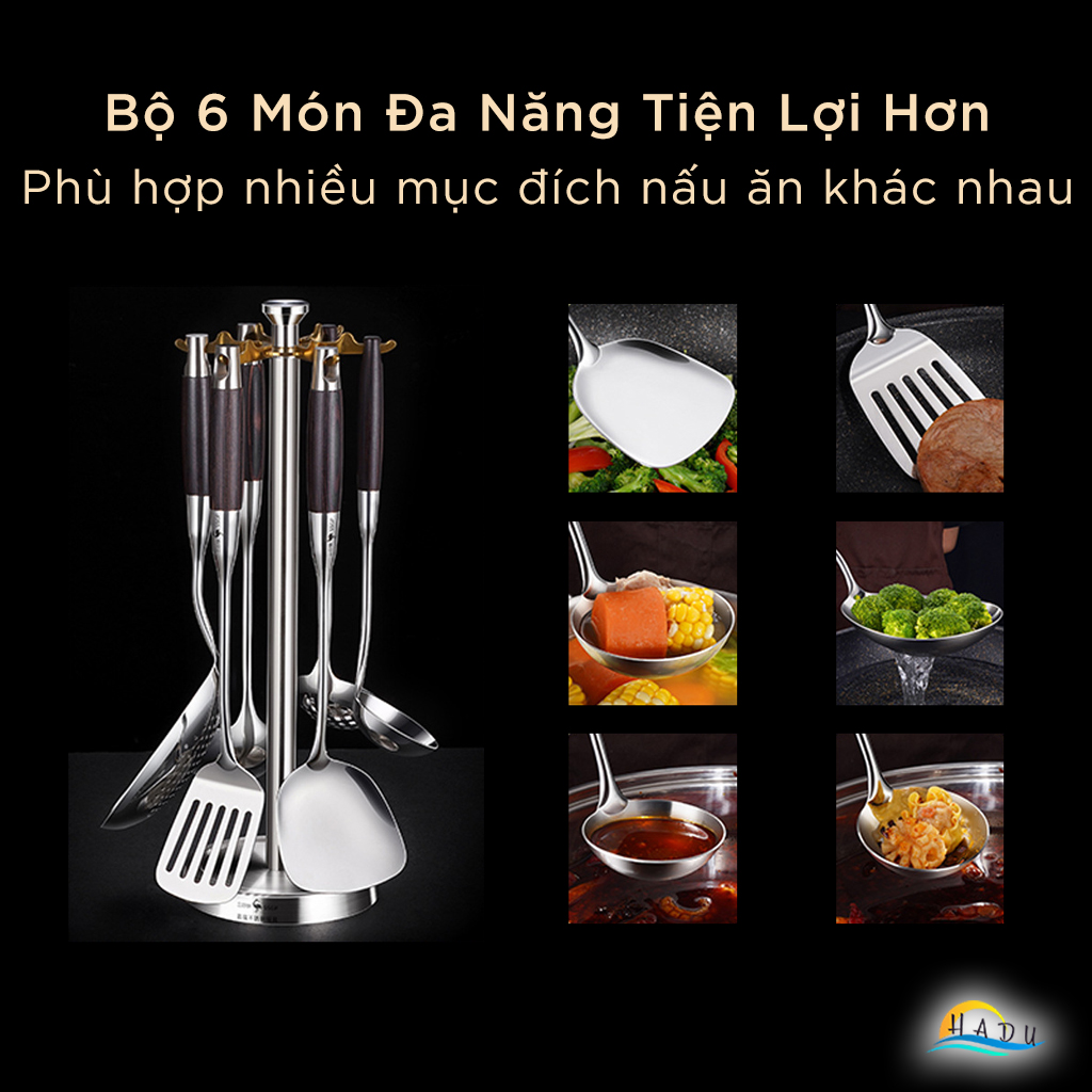 Bộ 6 Dụng Cụ Nấu Ăn SSGP Inox 316L, Kèm Giá Treo Xoay, Tay Cầm Cách Nhiệt, Đạt Chất Lượng LFGB Đức