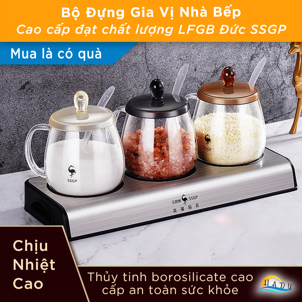 Bộ 3 Hũ Gia Vị Thủy Tinh Borosilicate SSGP, Nắp Nhiều Màu, Xếp Chồng, Kèm Khay, Đạt Chất Lượng LFGB Đức