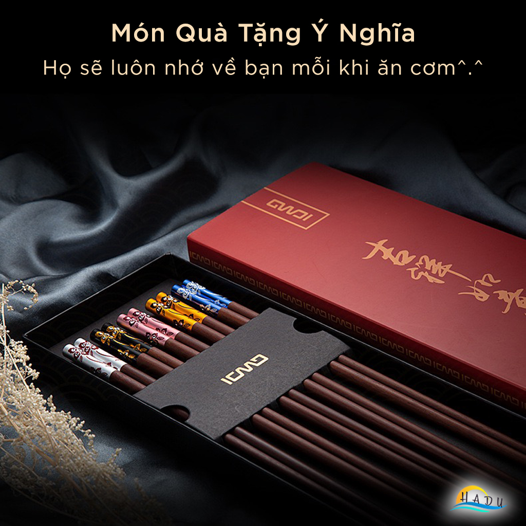 Bộ 10 Đôi Đũa Gỗ Đàn Hương Đỏ HADU, Đầu Hợp Kim Nhôm, Chống Mốc, Dài 24.3cm