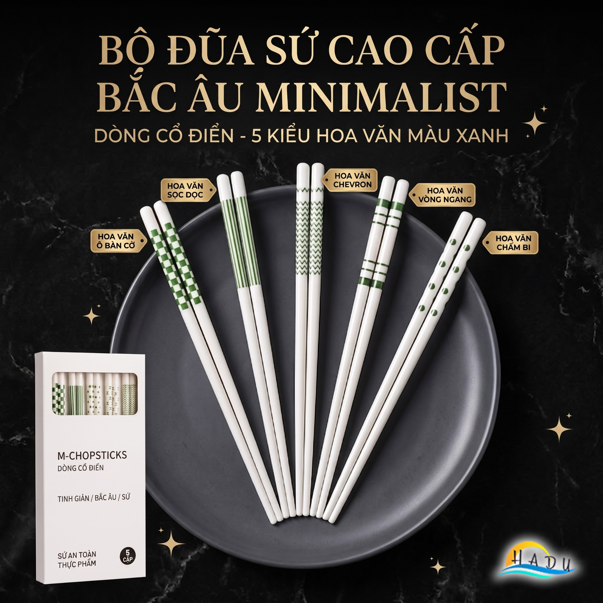 Bộ 5 Đôi Đũa Gốm Sứ HADU Cao Cấp, Chịu Nhiệt, Dùng Cho Máy Rửa Bát, 24.5cm