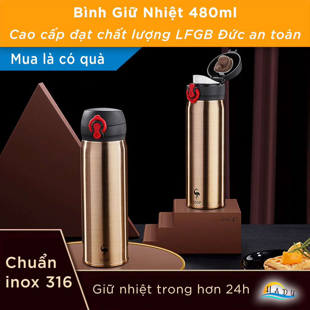 Bình Giữ Nhiệt Inox 316 Cao Cấp 480ml, Giữ Nhiệt 24h, Nắp Khóa 3 Lớp An Toàn, Kiểu Nhật Bản, Màu Vàng Đồng SSGP