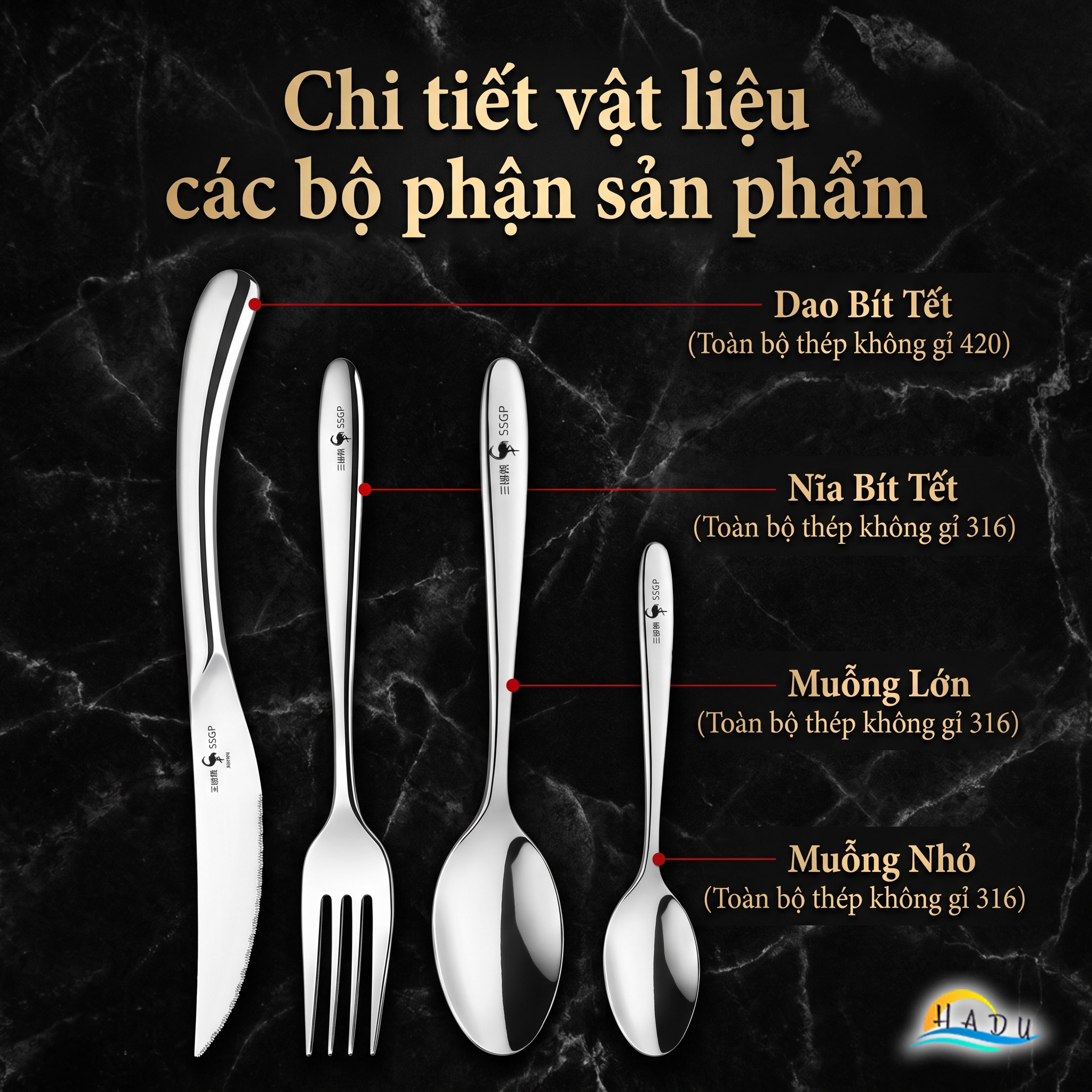 Bộ Dao Dĩa Bít Tết Cao Cấp SSGP Dao Thép 420 Nĩa Inox 316 Lưỡi Cưa 3 Lớp Siêu Sắc Bén