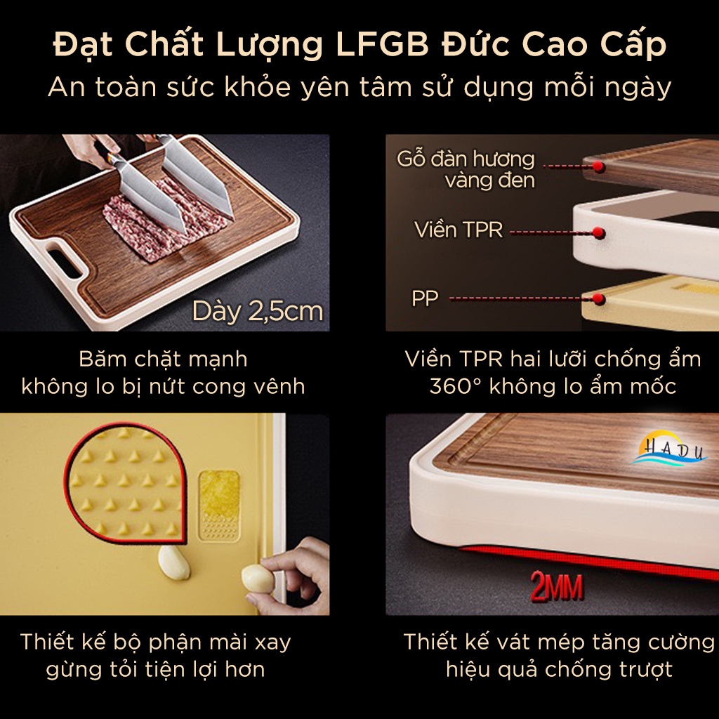 Thớt Gỗ Đàn Hương 2 Mặt SSGP, Kèm Chỗ Mài Gừng Tỏi, Chống Mốc, Đạt Chất Lượng LFGB Đức