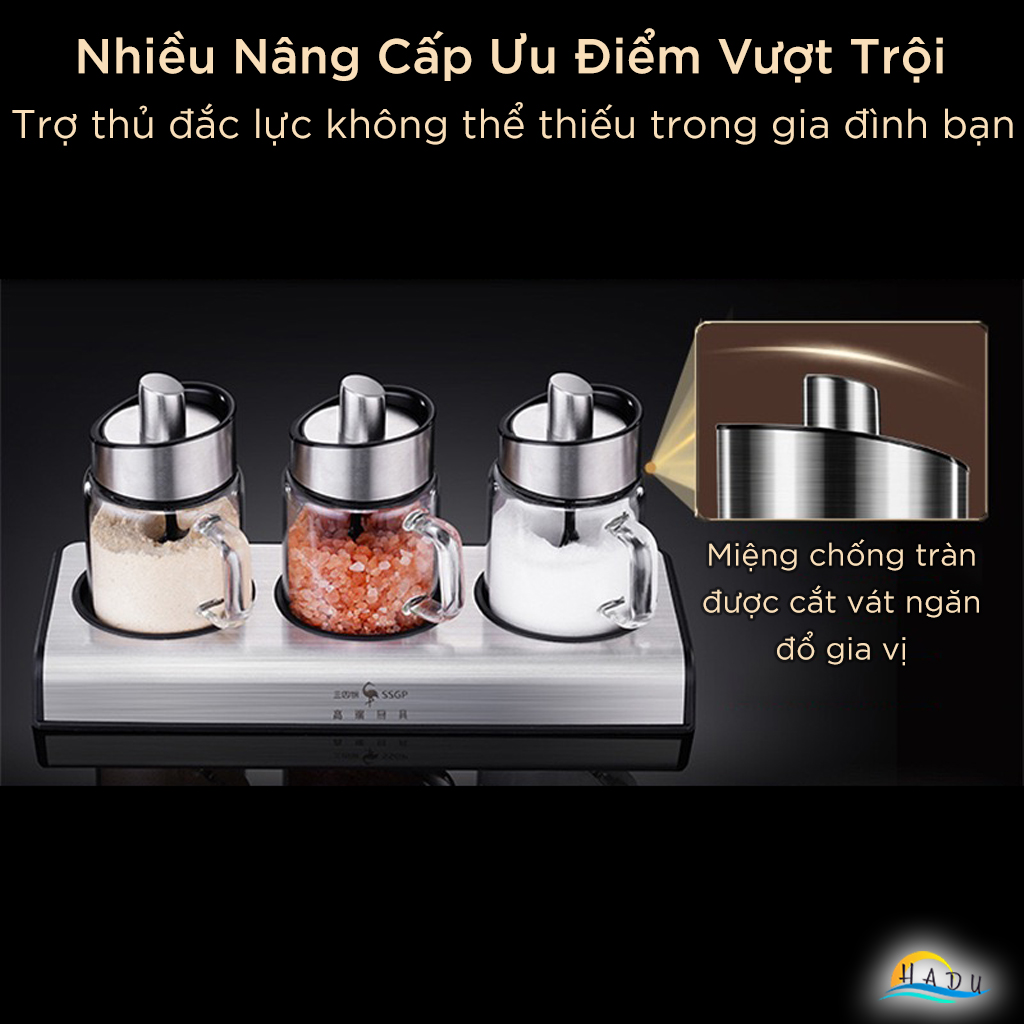 Bộ 3 Hũ Đựng Gia Vị Thủy Tinh SSGP, Nắp Kèm Thìa Inox 304, Chống Ẩm, Có Khay, Đạt Chất Lượng LFGB Đức