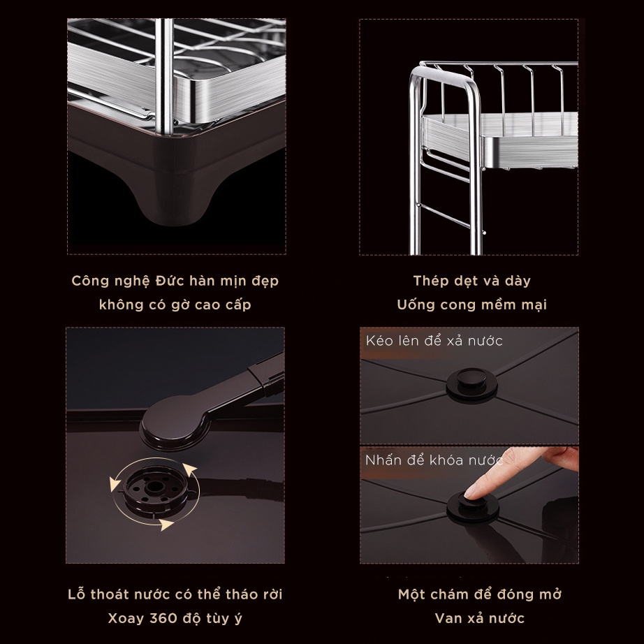 Kệ Úp Bát Đĩa 2 Tầng Inox 304 SSGP, Van Thoát Nước Xoay 360°, Kèm Giá Đựng Đũa, Thớt, Đạt Chất Lượng LFGB Đức