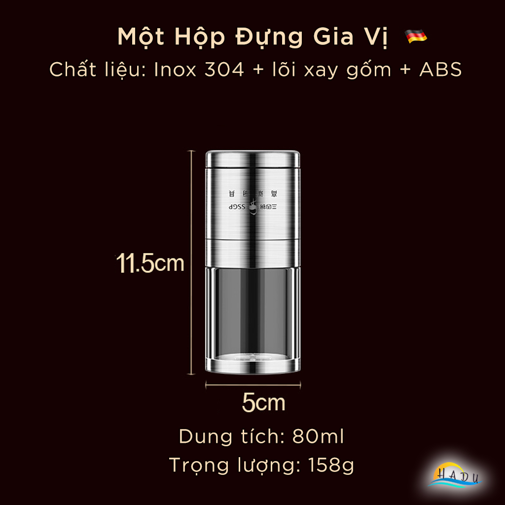 Dụng Cụ Xay Tiêu Từ Tính SSGP, Lõi Gốm, Thân Inox 304, Dính Tủ Lạnh, Cao 11.5cm, Đạt Chất Lượng LFGB Đức