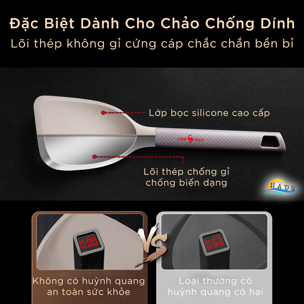 Xẻng Nấu Ăn Ngắn Silicone Cao Cấp Không Mùi An Toàn Với Lớp Chống Dính Đạt Chất Lượng LFGB Đức SSGP