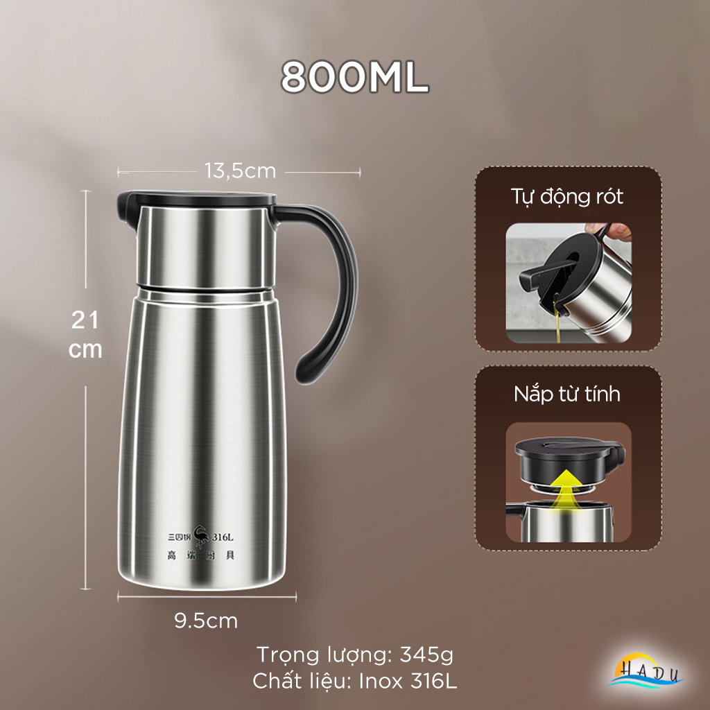 Chai Đựng Dầu Ăn Inox 316L SSGP 800ml, Nắp Từ Tính Thông Minh, Đạt Chất Lượng LFGB Đức
