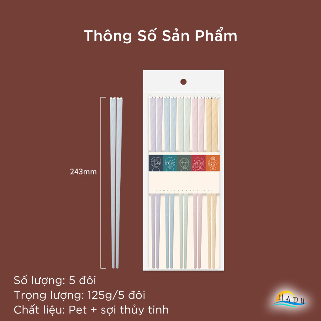 Bộ 5 Đôi Đũa Sợi Thủy Tinh HADU Họa Tiết Hoa Anh Đào, Chống Trơn, Chống Mốc, 24.3cm, Nhiều Màu