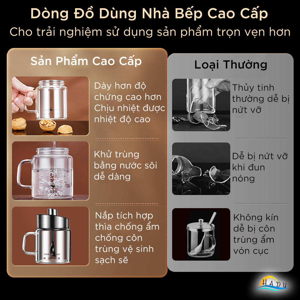 Bộ 3 Hũ Đựng Gia Vị Thủy Tinh SSGP, Nắp Kèm Thìa Inox 304, Chống Ẩm, Có Khay, Đạt Chất Lượng LFGB Đức