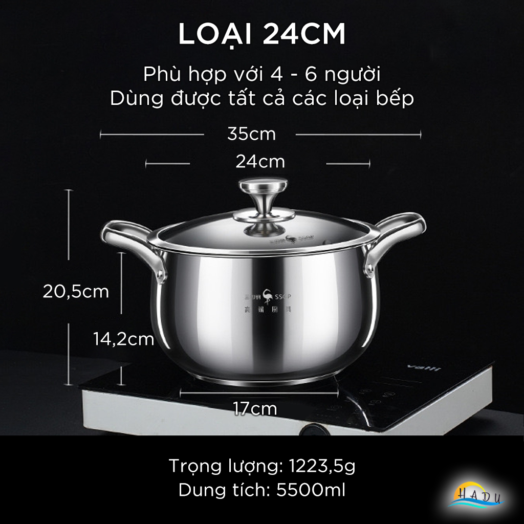Nồi Hầm Inox 316L SSGP Đáy 5 Lớp, 22cm, 24cm, Kháng Khuẩn, Đạt Chất Lượng LFGB Đức