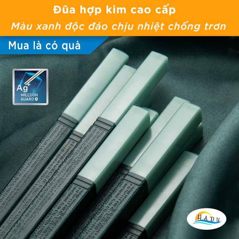 Bộ 10 Đôi Đũa Hợp Kim HADU, Chống Mốc, Chống Trơn Trượt, Dài 27.3cm, Kèm Hộp, Màu Xanh