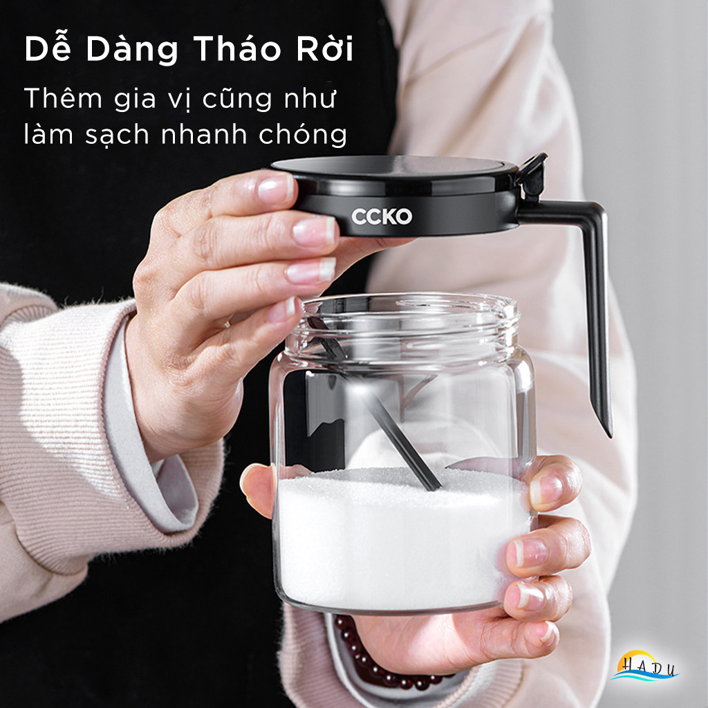 Bộ 3 Hũ Đựng Gia Vị Thủy Tinh CCKO, Nắp Vỏ Sò, Kèm Thìa và Khay