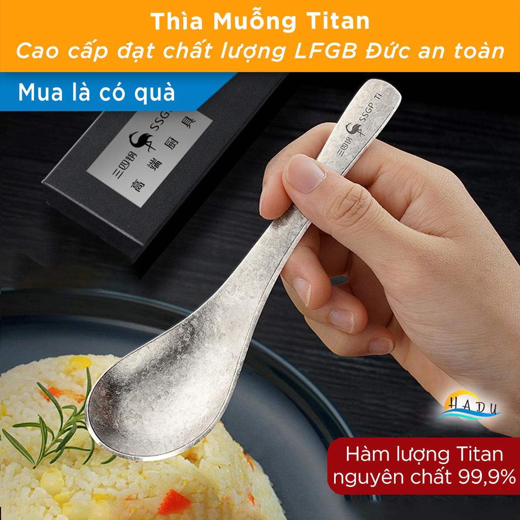 Thìa Ăn Titan Nguyên Chất SSGP, Siêu Nhẹ 22g, Kháng Khuẩn, Dài 15.5cm, Đạt Chất Lượng LFGB Đức