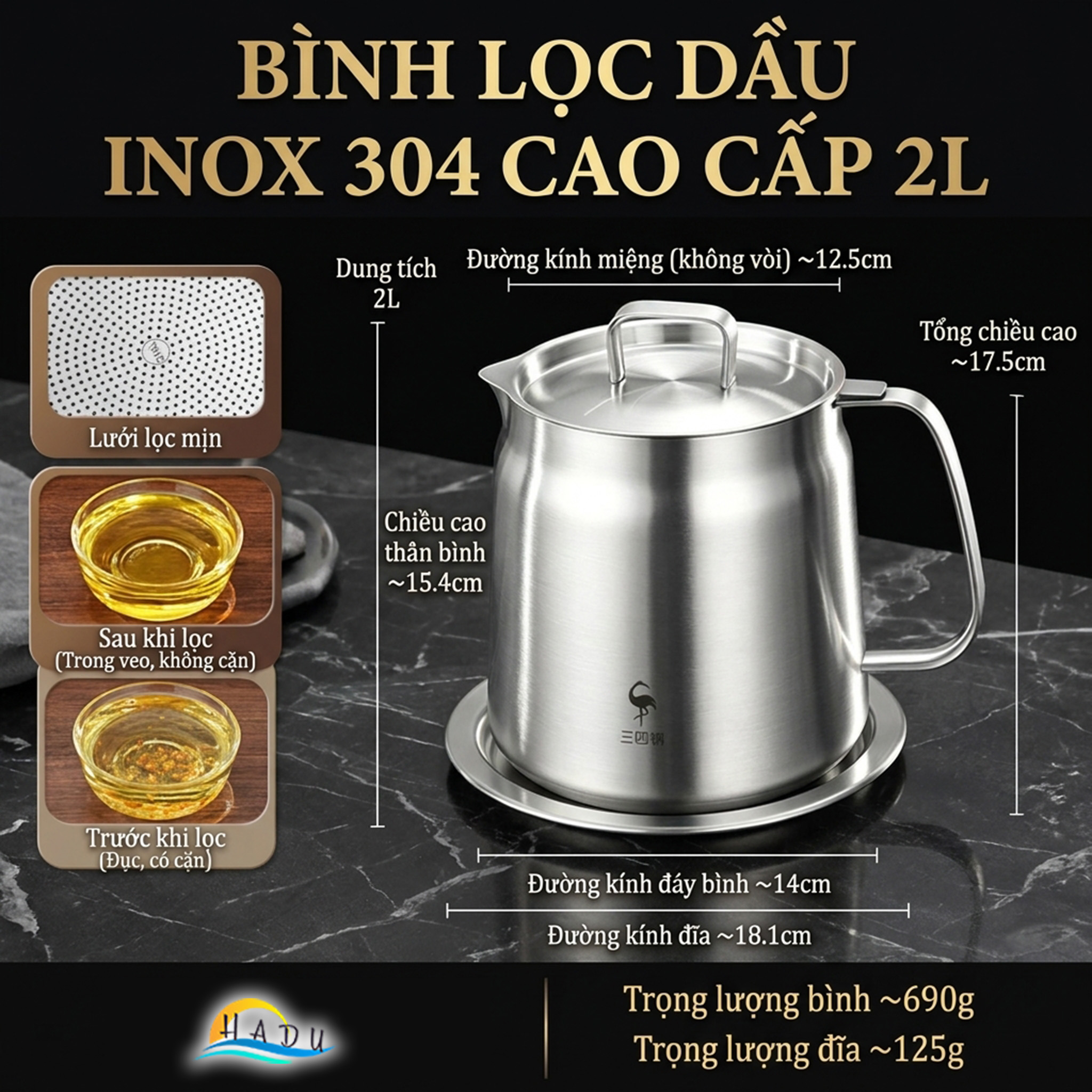 Bình Ca Lọc Dầu Ăn Inox 304 Cao Cấp Có Khay Hứng Tiện Lợi Đạt Chất Lượng LFGB SSGP