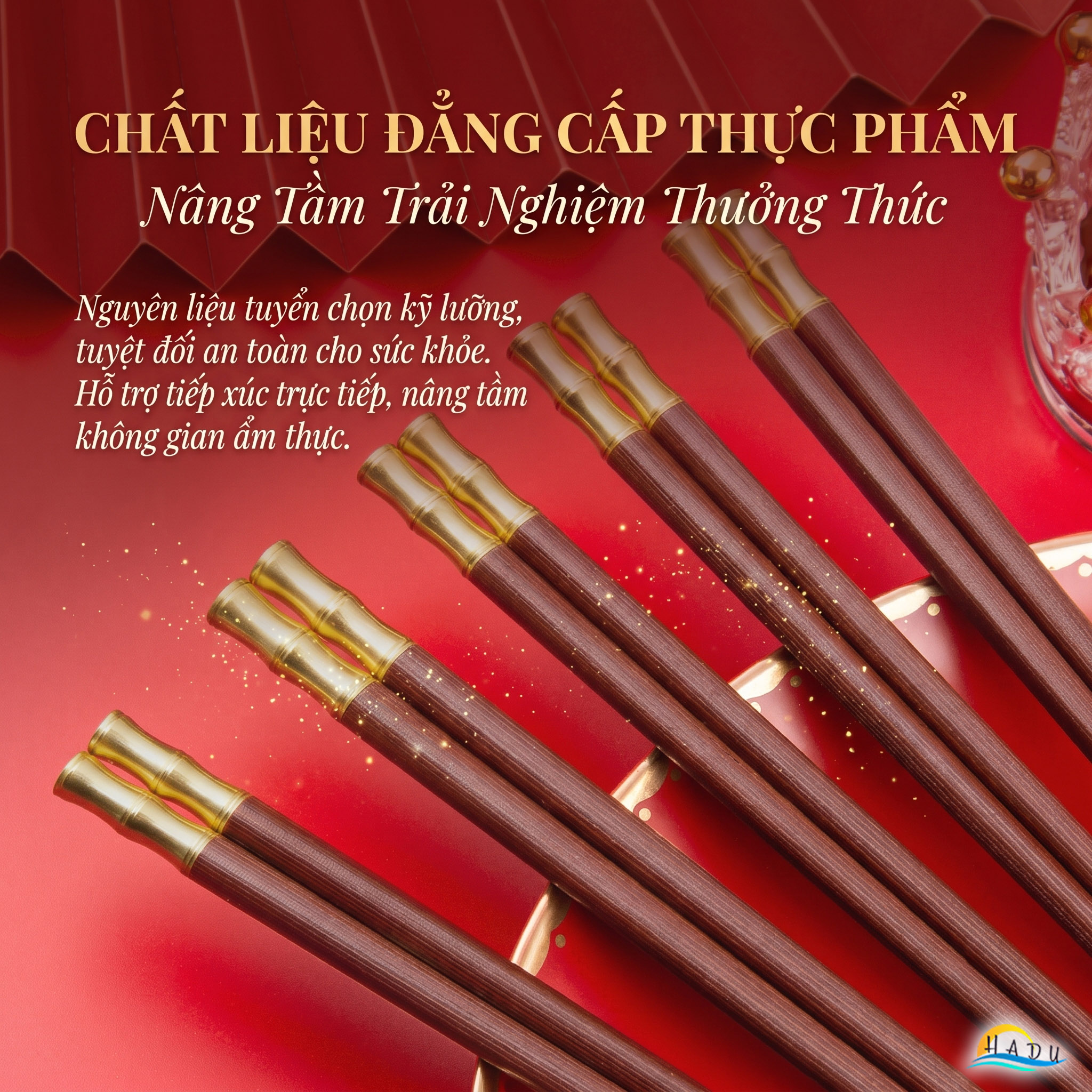 Đũa Gỗ Ăn Cơm Cao Cấp Khảm Tre Vàng Sang Trọng Chống Trượt Chịu Nhiệt Không Ẩm Mốc An Toàn HADU