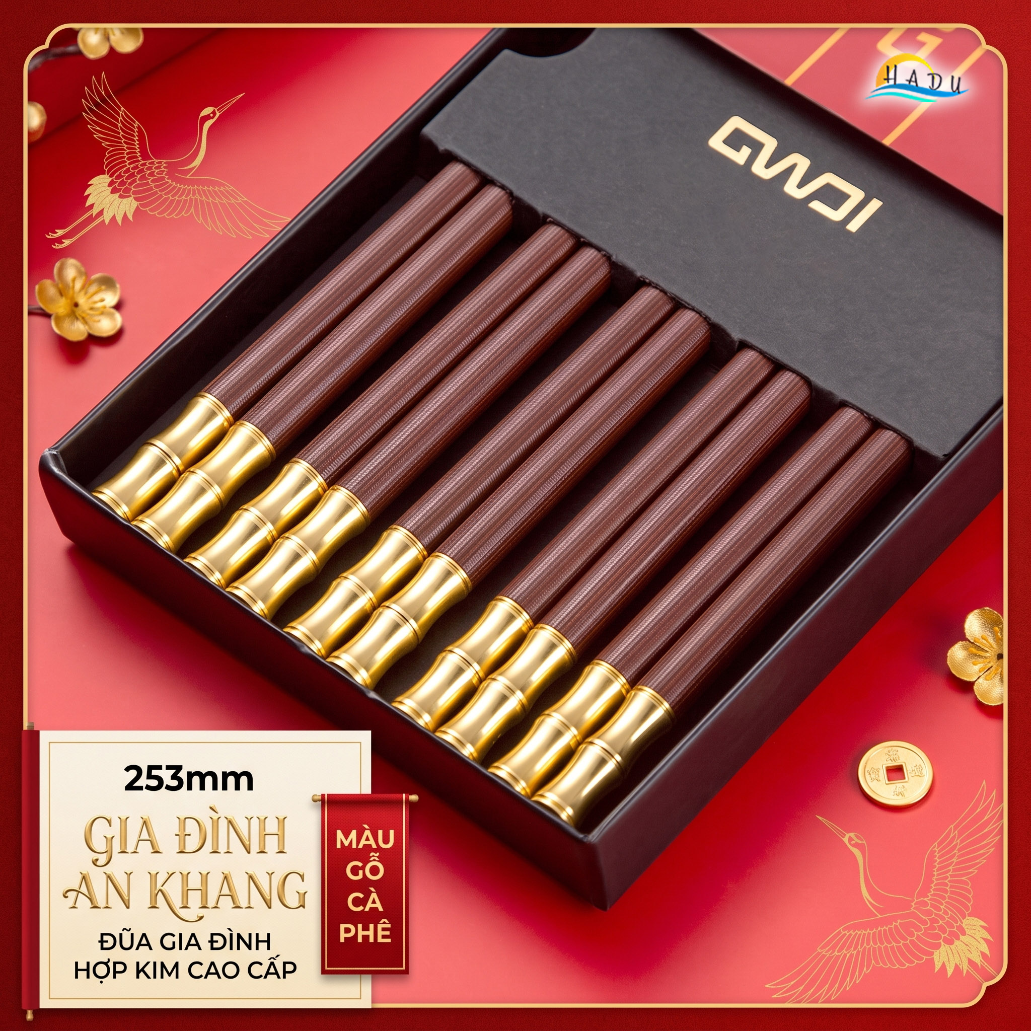 Đũa Gỗ Ăn Cơm Cao Cấp Khảm Tre Vàng Sang Trọng Chống Trượt Chịu Nhiệt Không Ẩm Mốc An Toàn HADU