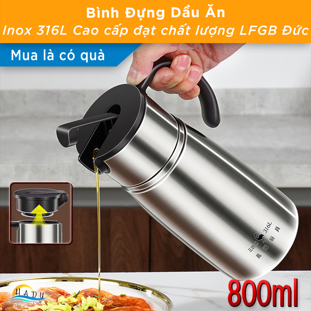 Chai Đựng Dầu Ăn Inox 316L SSGP 800ml, Nắp Từ Tính Thông Minh, Đạt Chất Lượng LFGB Đức