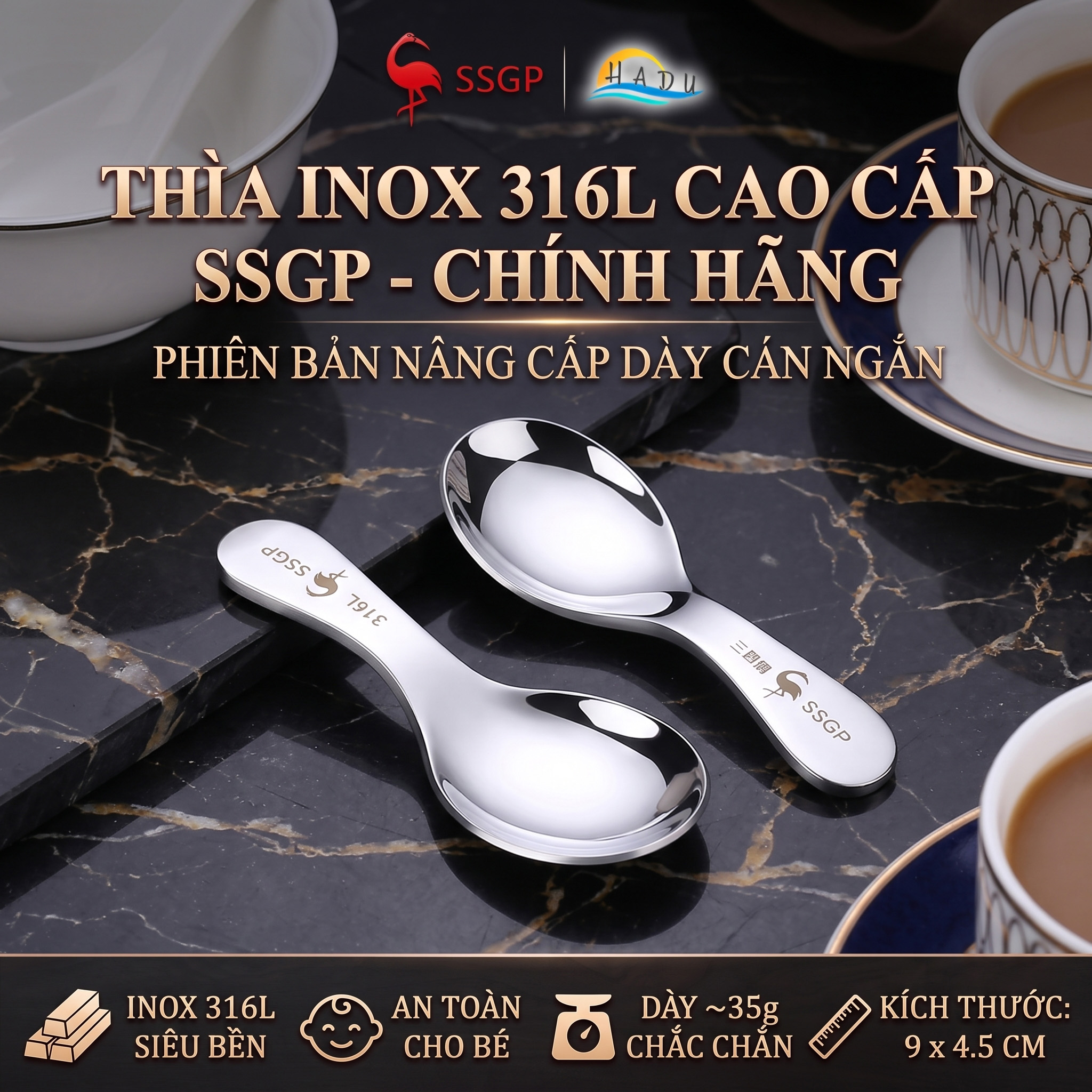 Muỗng Thìa Inox 316L Cán Ngắn Cao Cấp Kháng Khuẩn Dày Dặn Bo Tròn Đạt Chất Lượng LFGB Đức SSGP