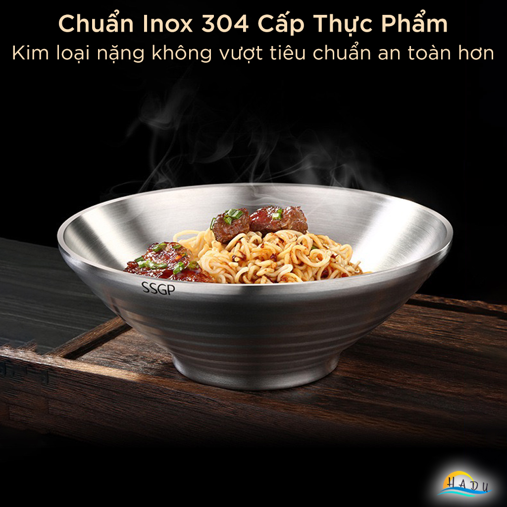 Tô Ăn Mì Phở Inox 304 SSGP, 2 Lớp Cách Nhiệt Chống Nóng, Chân Đế Cao, 24cm, Đạt Chất Lượng LFGB Đức