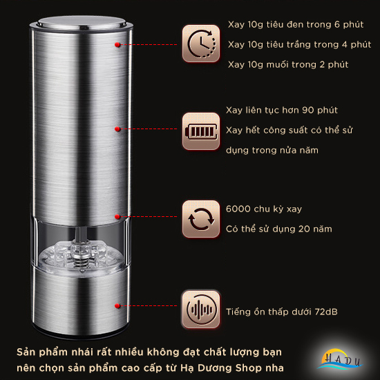 Máy xay tiêu cầm tay bằng pin inox 304 cao cấp 5 chế độ xay có đèn LED vàng SSGP