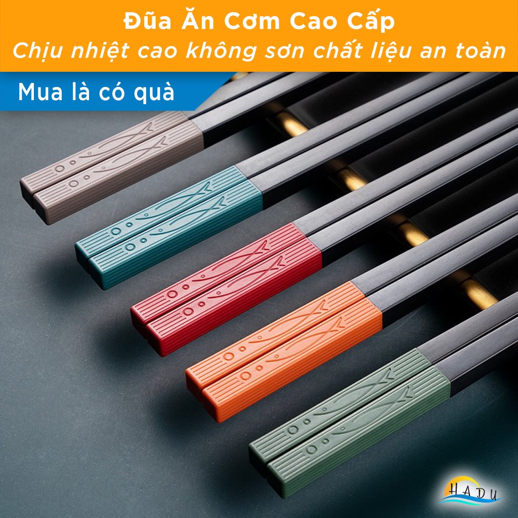 Bộ 5 Đôi Đũa Sợi Thủy Tinh HADU Họa Tiết Song Ngư, Chống Trơn, Chịu Nhiệt, 24.3cm, Đuôi 5 Màu