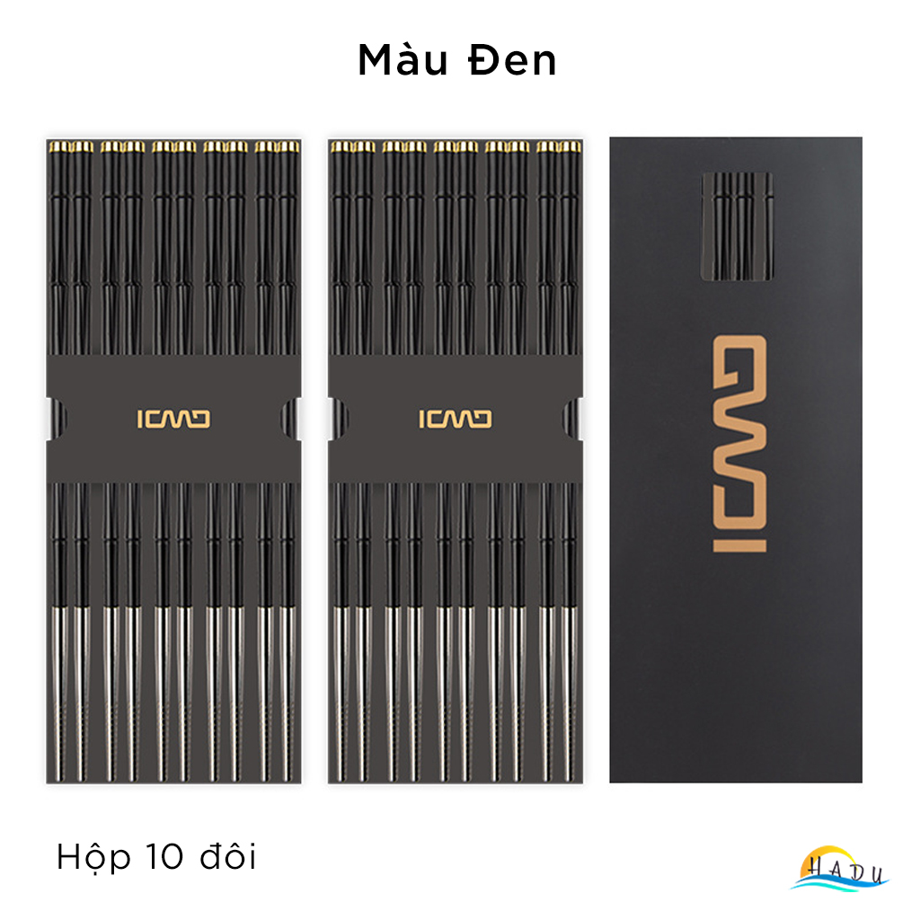 Bộ 10 Đôi Đũa Inox 304 HADU, Tay Cầm Chống Trượt, Kháng Khuẩn Ag+, Cách Nhiệt, 24.3cm