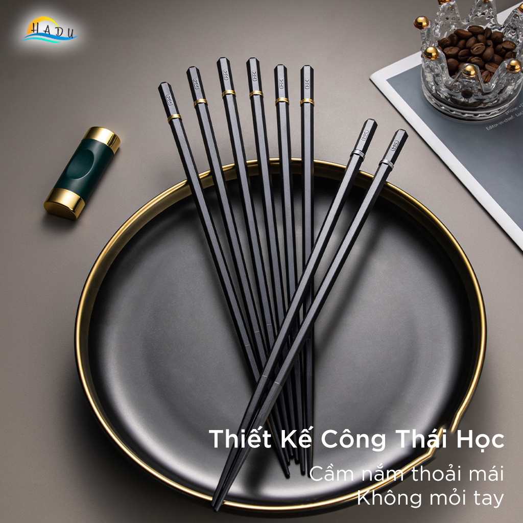 Đũa Ăn Cơm Kiểu Nhật Bản Cao Cấp HADU - Màu Đen Sang Trọng, Viền Kim Loại "King Of Ring", Chống Mốc, Chịu Nhiệt 120°C