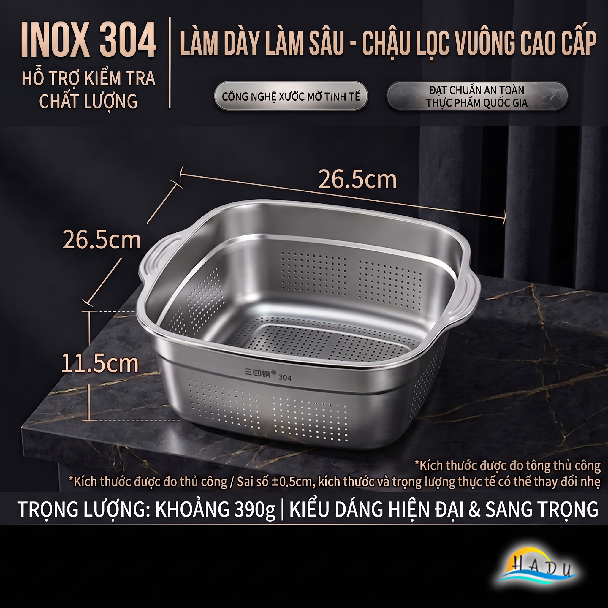 Bộ Thau Rổ Inox 304 Cao Cấp Hình Vuông Thiết Kế 2 Lớp Đa Năng Rửa Rau Củ Quả SSGP