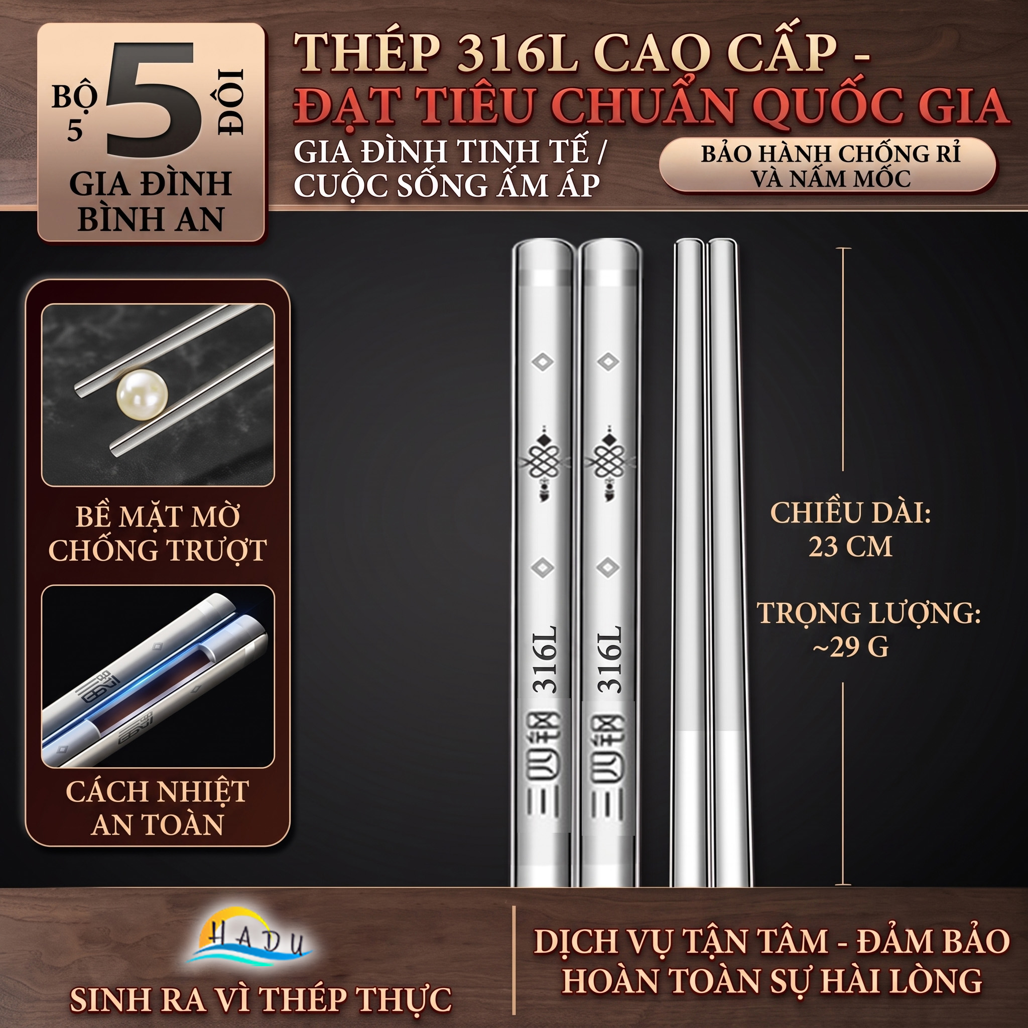Đũa Ăn Cơm Inox 316L Cao Cấp Sang Trọng Kháng Khuẩn Chống Mốc Chống Trượt Cách Nhiệt SSGP