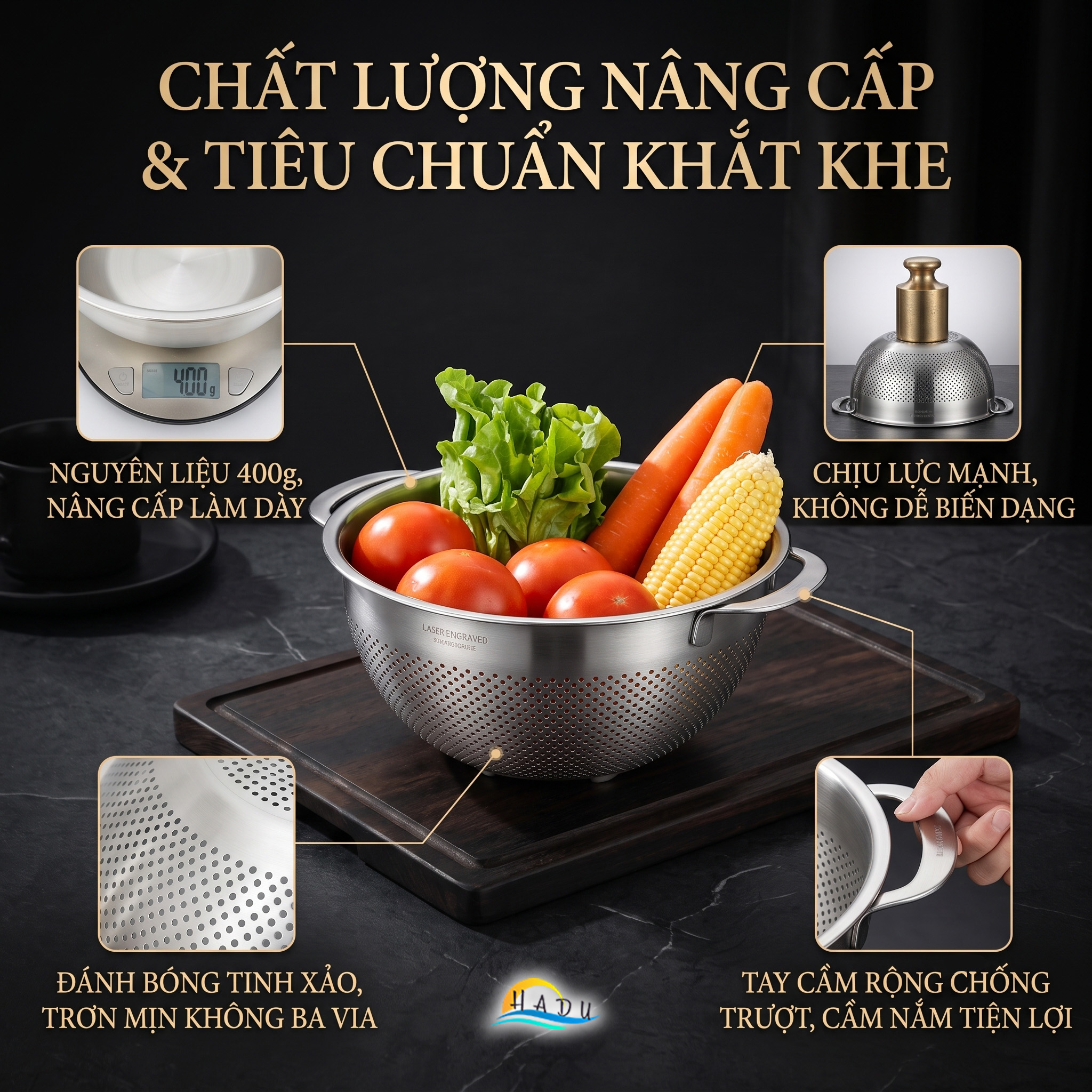 Bộ Rổ Chậu Thau Inox 304 Cao Cấp Dày Dặn Đa Năng Rửa Rau Vo Gạo Trộn Bột 25cm 27cm SSGP