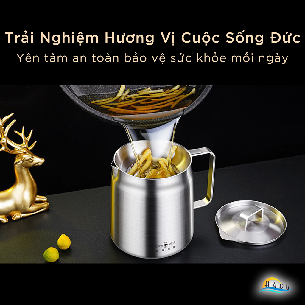 Bình Lọc Dầu Ăn Inox 304 SSGP, Kèm Lưới Lọc Mịn, Vòi Rót, Đạt Chất Lượng LFGB Đức
