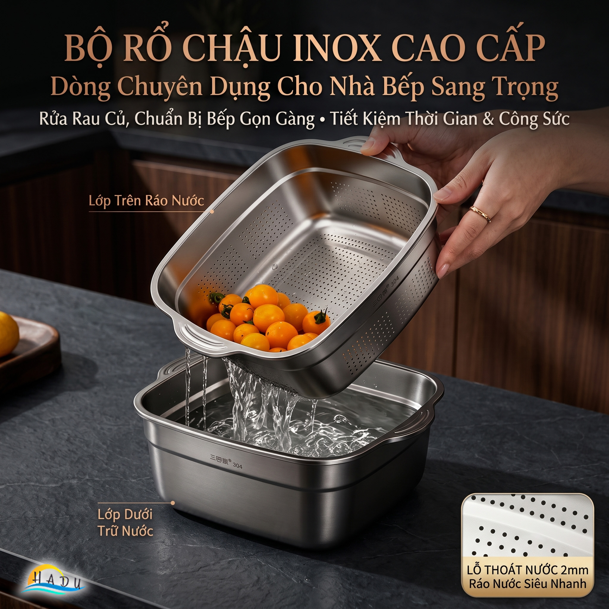 Bộ Thau Rổ Inox 304 Cao Cấp Hình Vuông Thiết Kế 2 Lớp Đa Năng Rửa Rau Củ Quả SSGP