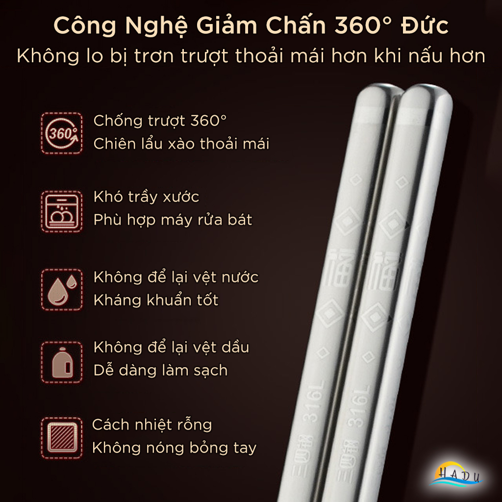 Đũa Nấu Ăn Inox 316L SSGP Dài 36cm, Cách Nhiệt, Chống Trơn, Đạt Chất Lượng LFGB Đức
