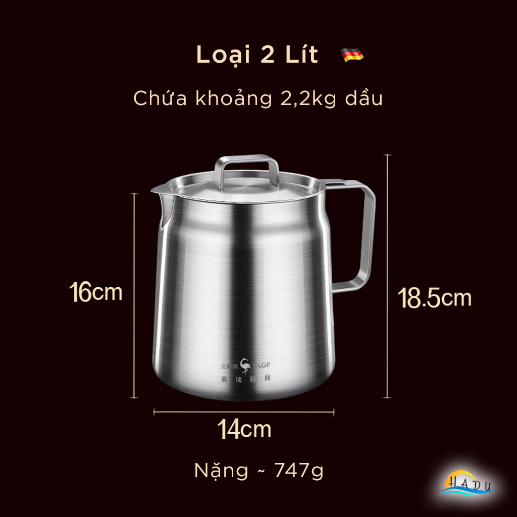 Bình Lọc Dầu Ăn Inox 304 SSGP, Kèm Lưới Lọc Mịn, Vòi Rót, Đạt Chất Lượng LFGB Đức