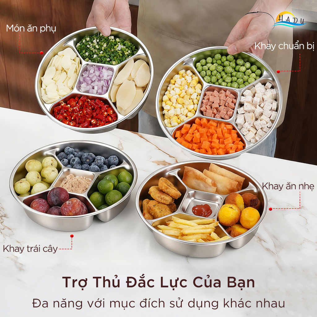 Khay Inox 304 Chia 5 Ngăn Cao Cấp SSGP, Đĩa Đựng Gia Vị Chuẩn Bị Nguyên Liệu Nấu Ăn Đạt Chất Lượng LFGB Đức