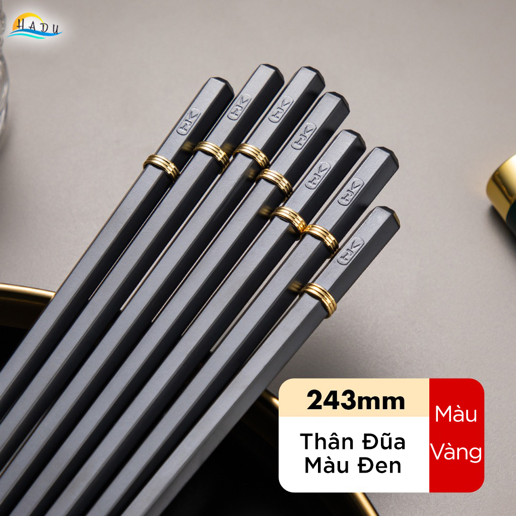 Đũa Ăn Cơm Kiểu Nhật Bản Cao Cấp HADU - Màu Đen Sang Trọng, Viền Kim Loại "King Of Ring", Chống Mốc, Chịu Nhiệt 120°C