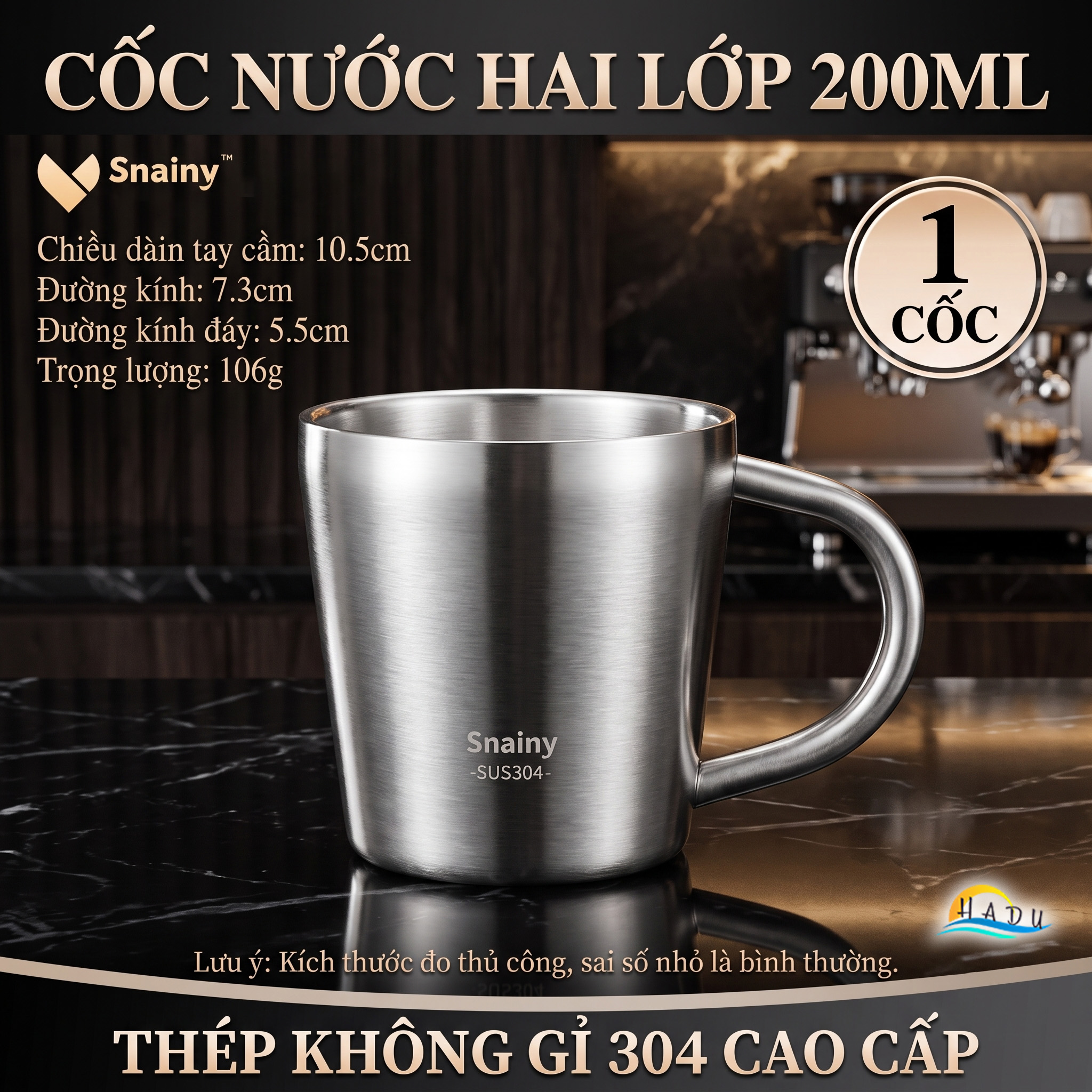 Cốc Ly Inox 304 Giữ Nhiệt 2 Lớp Cao Cấp Chống Nóng Có Tay Cầm Cao Cấp 200ml 260ml Snainy