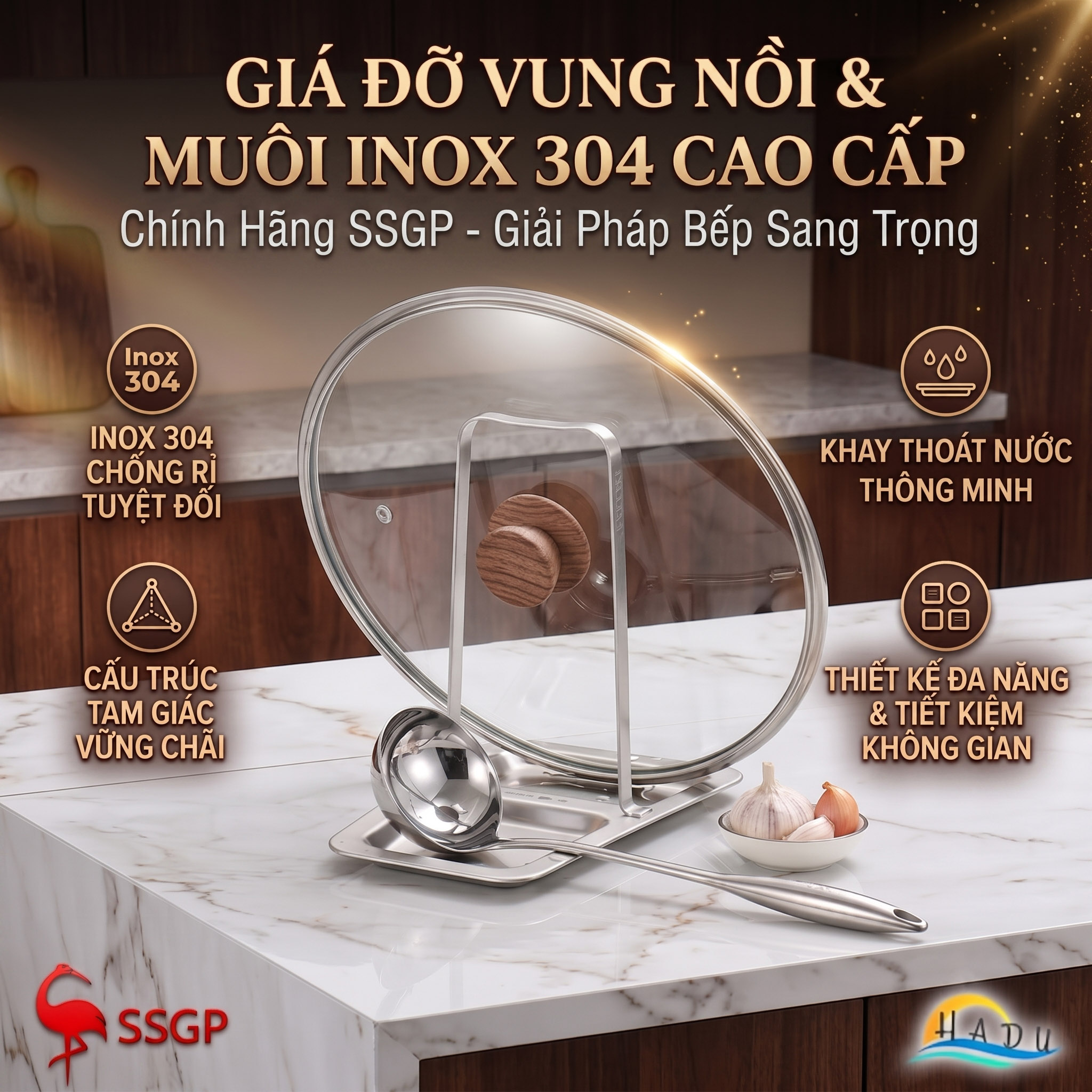 Giá Đỡ Khay Đựng Vung Nồi Gác Muôi Thìa Đa Năng Inox 304 Cao Cấp Chống Gỉ SSGP Berlin Classic