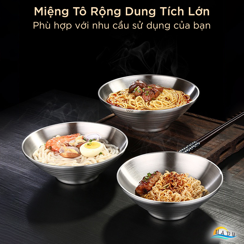 Tô Ăn Mì Phở Inox 304 SSGP, 2 Lớp Cách Nhiệt Chống Nóng, Chân Đế Cao, 24cm, Đạt Chất Lượng LFGB Đức