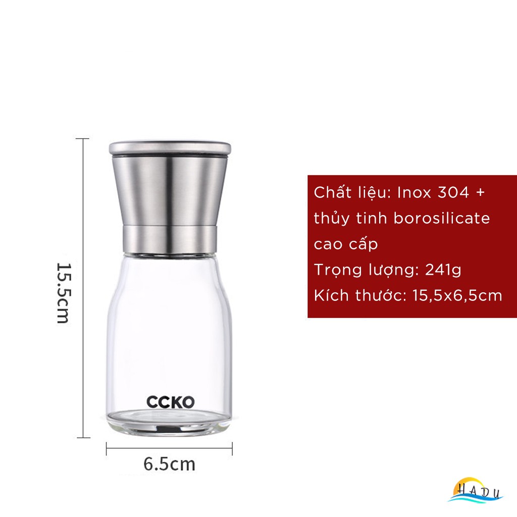 Cối Xay Tiêu Cầm Tay CCKO, Lõi Gốm, Điều Chỉnh Độ Mịn, Thân Thủy Tinh, Size Nhỏ 15.5cm