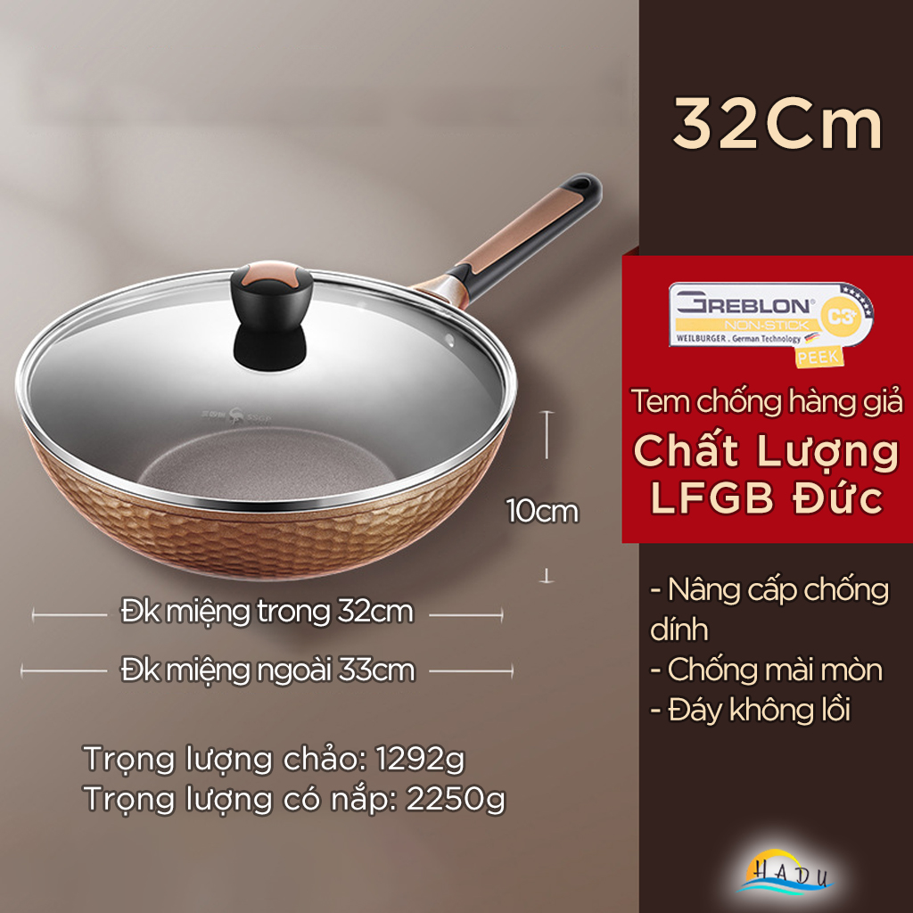 Chảo Chống Dính Lòng Sâu Bếp Từ SSGP 32cm, Phủ Greblon, Kèm Nắp Kính, Đạt Chất Lượng LFGB Đức
