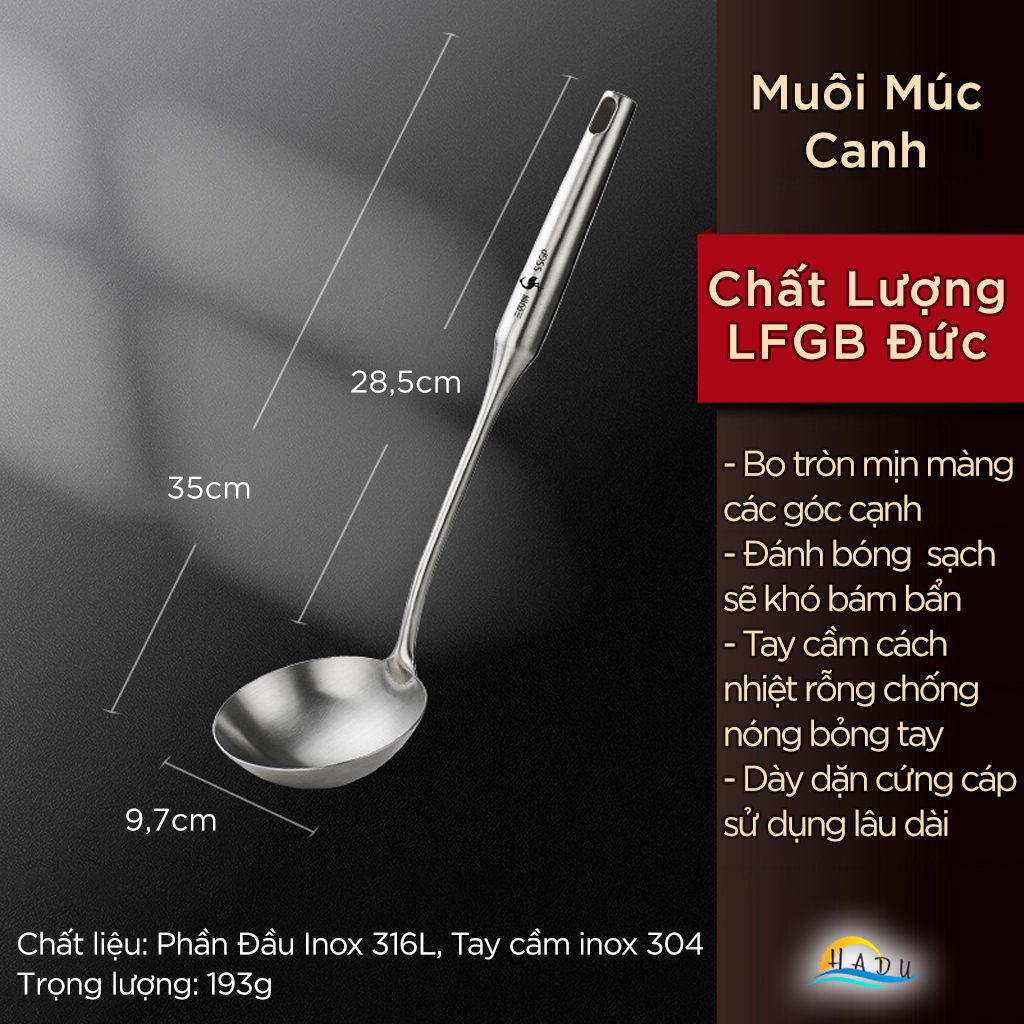 Xẻng Nấu Ăn Inox 316L Kháng Khuẩn Cao Cấp SSGP, Vá Múc Canh Lớn Đạt Chất Lượng LFGB Đức